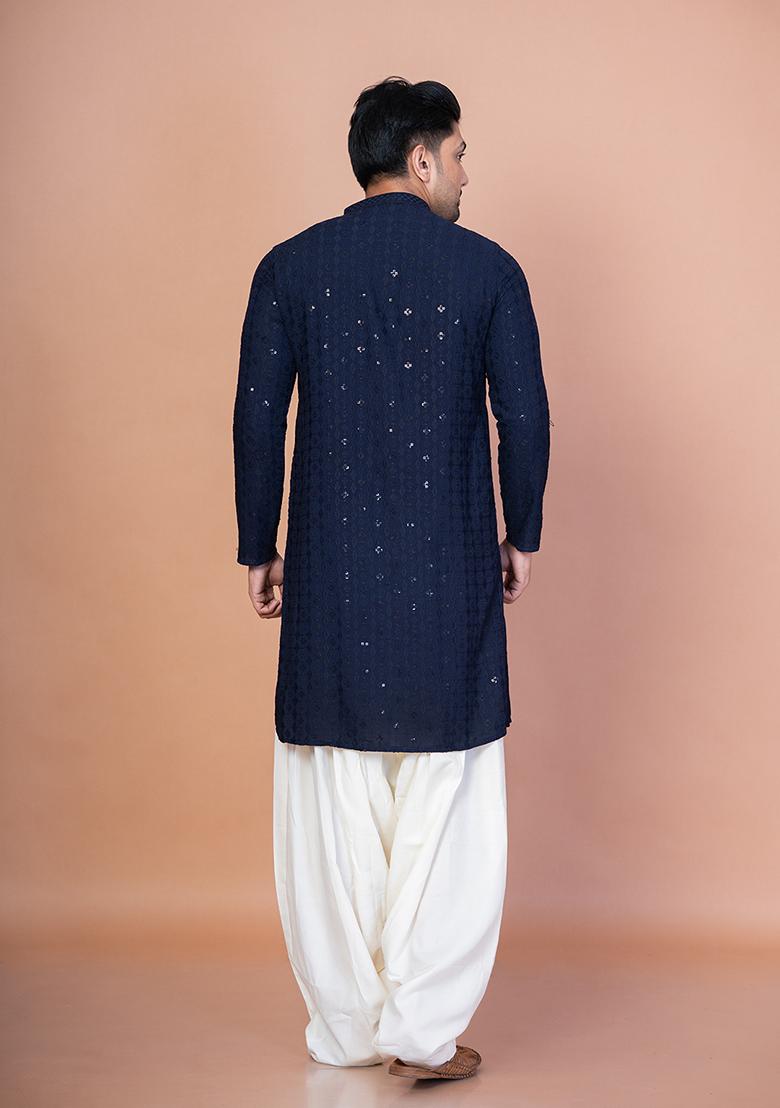 Navy Blue Embroidery Cotton Blend Kurta Patiala Set For Men