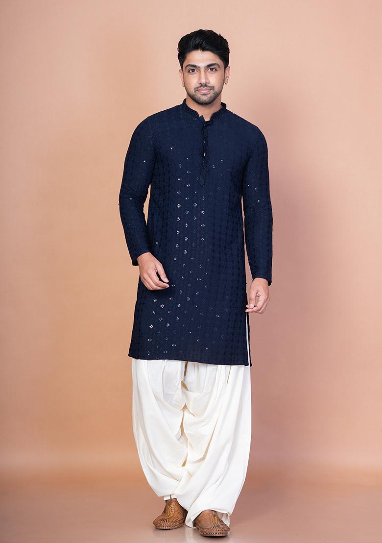 Navy Blue Embroidery Cotton Blend Kurta Patiala Set For Men - Indya