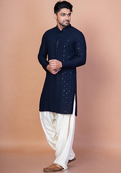Navy Blue Embroidery Cotton Blend Kurta Patiala Set For Men