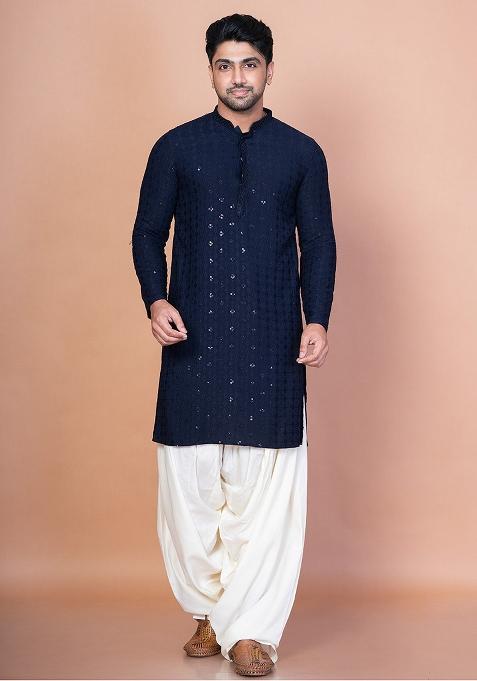 Navy Blue Embroidery Cotton Blend Kurta Patiala Set For Men