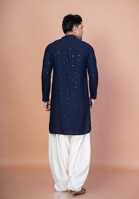 Navy Blue Embroidery Cotton Blend Kurta Patiala Set For Men