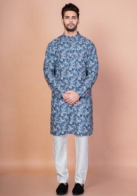 Blue Printed Cotton Blend Kurta Pyjama Set For Men