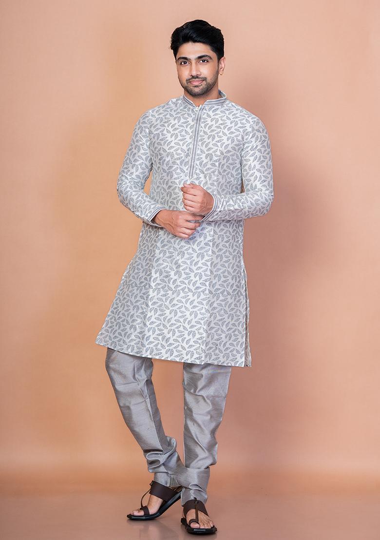 Grey Solid Banarasi Silk Kurta Churidar Set For Men