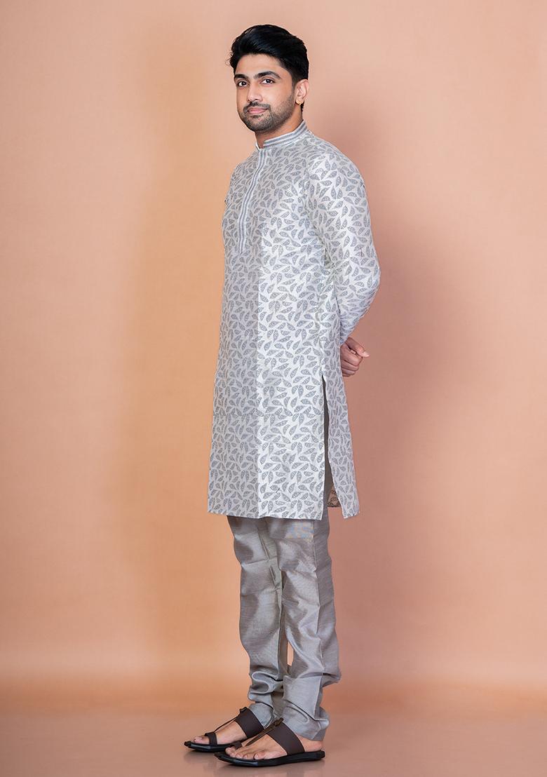 Grey Solid Banarasi Silk Kurta Churidar Set For Men