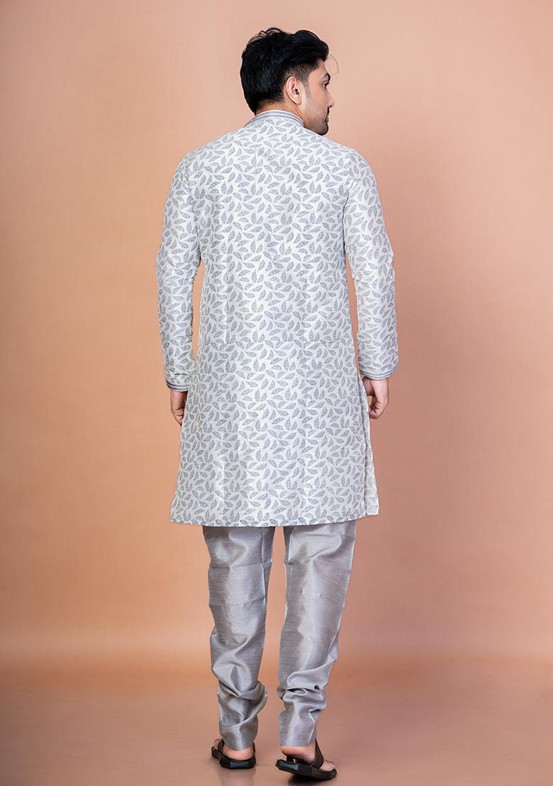 Grey Solid Banarasi Silk Kurta Churidar Set For Men