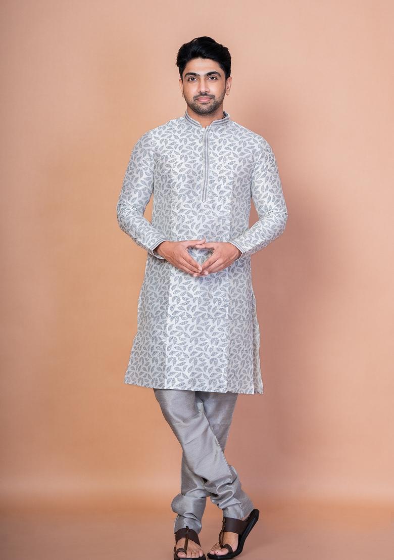 Grey Solid Banarasi Silk Kurta Churidar Set For Men