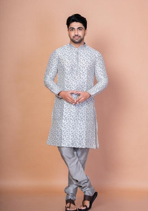 Grey Solid Banarasi Silk Kurta Churidar Set For Men