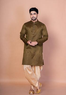 Olive Solid Banarasi Silk Kurta Patiala Set For Men