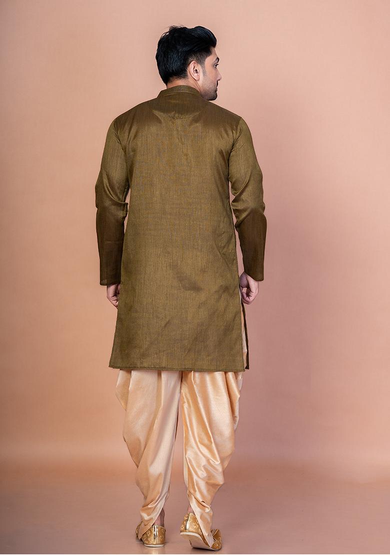 Olive Solid Banarasi Silk Kurta Patiala Set For Men
