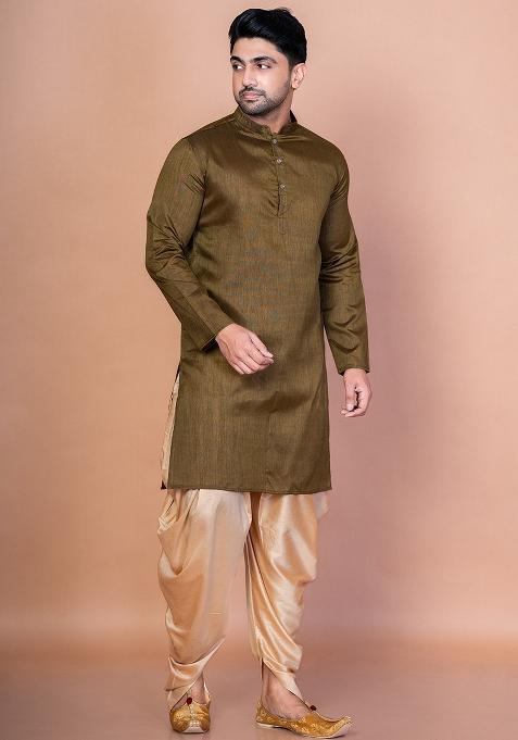 Olive Solid Banarasi Silk Kurta Patiala Set For Men