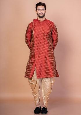 Orange Printed Banarasi Silk Kurta Patiala Set For Men