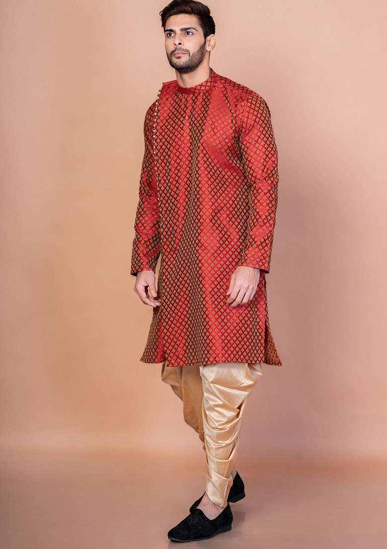 Orange Printed Banarasi Silk Kurta Patiala Set For Men - Indya