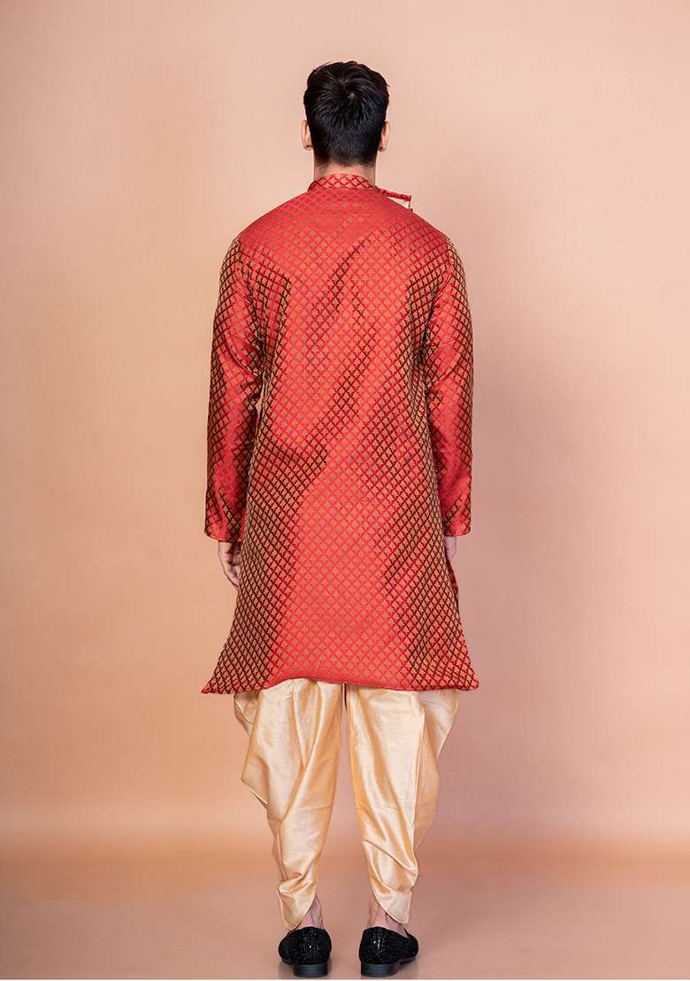 Orange Printed Banarasi Silk Kurta Patiala Set For Men - Indya