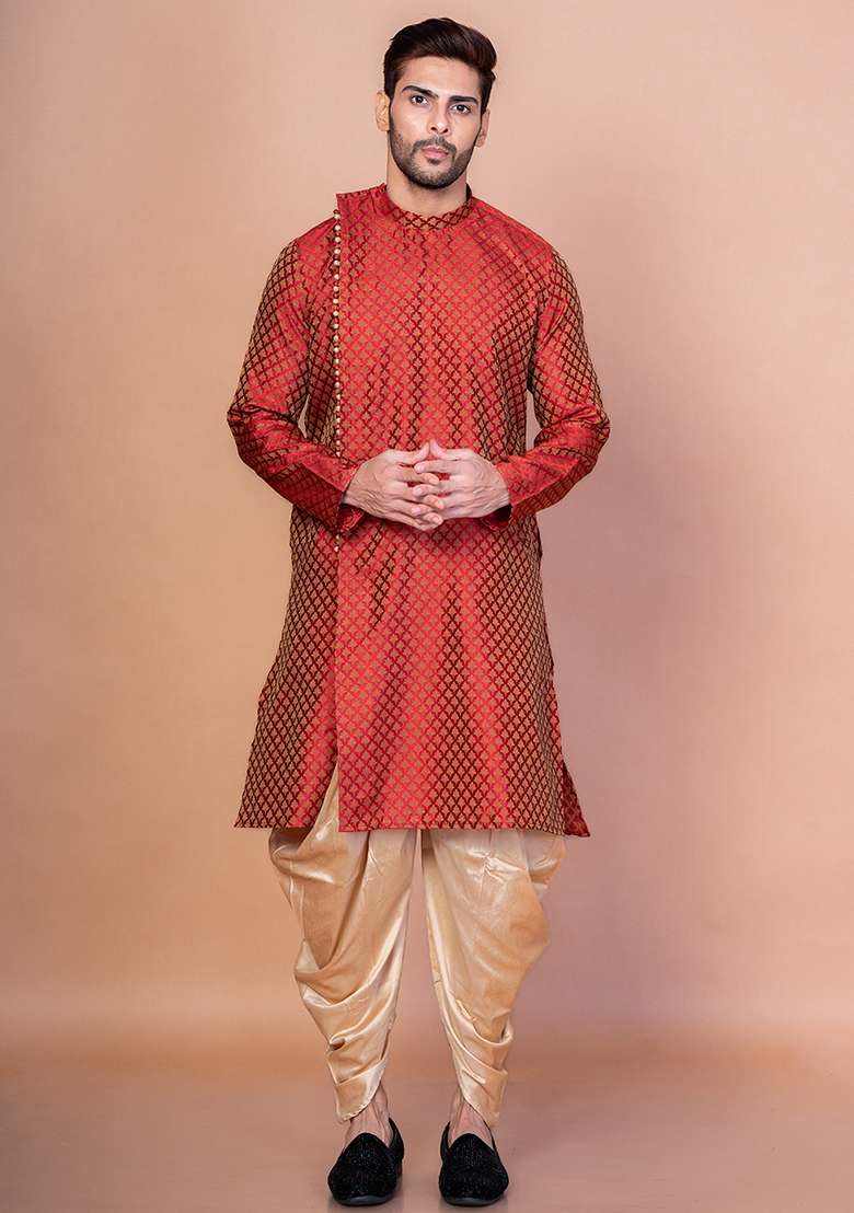 Orange Printed Banarasi Silk Kurta Patiala Set For Men - Indya