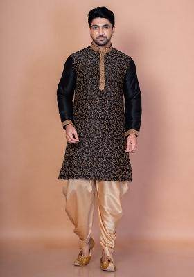 Black Embroidery Banarasi Silk Kurta Patiala Set For Men