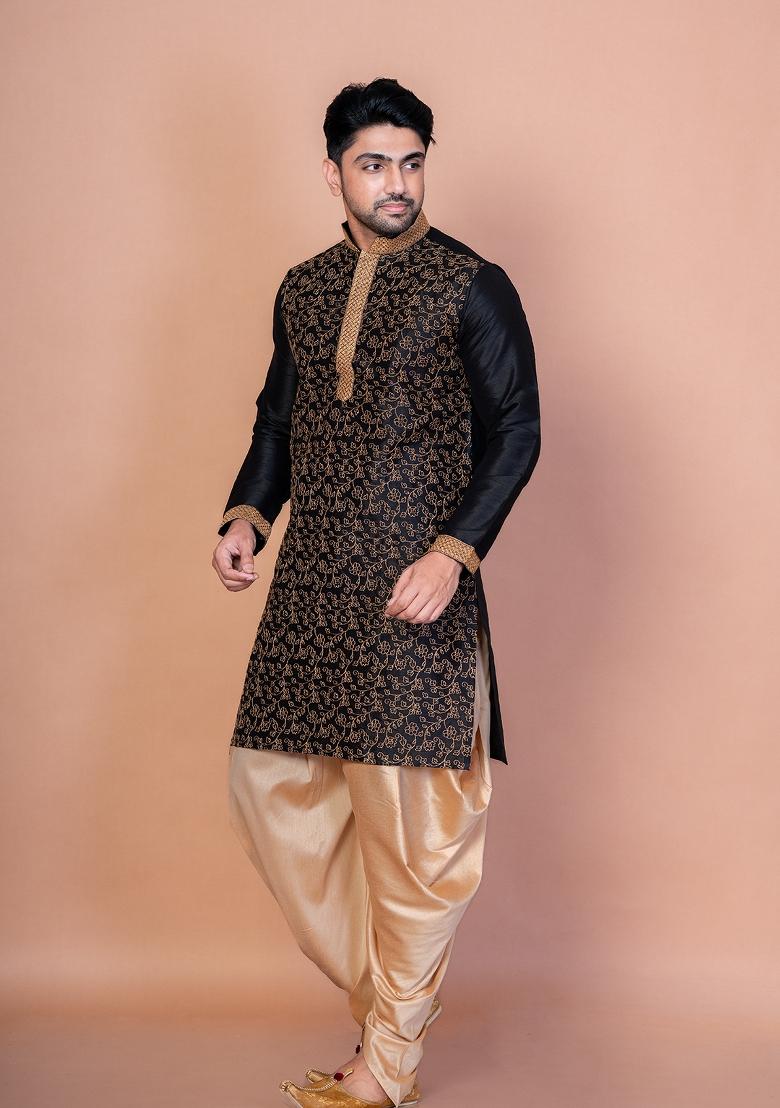 Black Embroidery Banarasi Silk Kurta Patiala Set For Men
