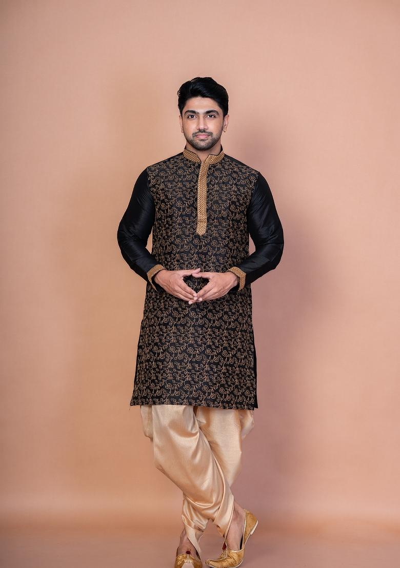 Black Embroidery Banarasi Silk Kurta Patiala Set For Men
