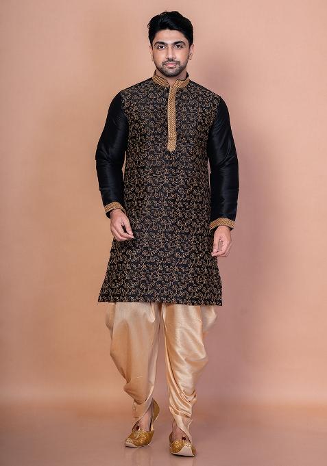 Black Embroidery Banarasi Silk Kurta Patiala Set For Men