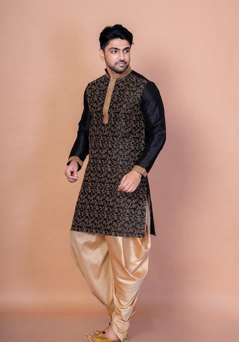 Black Embroidery Banarasi Silk Kurta Patiala Set For Men