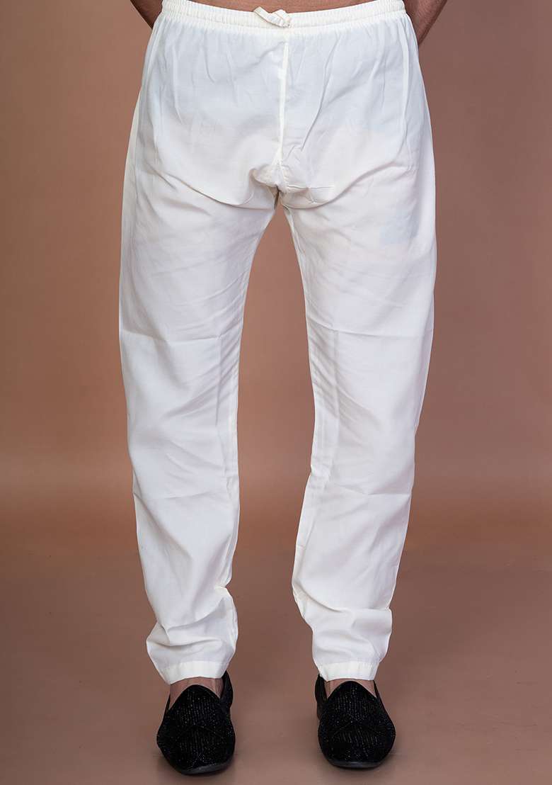 Cream Solid Cotton Pyjama For Men - Indya