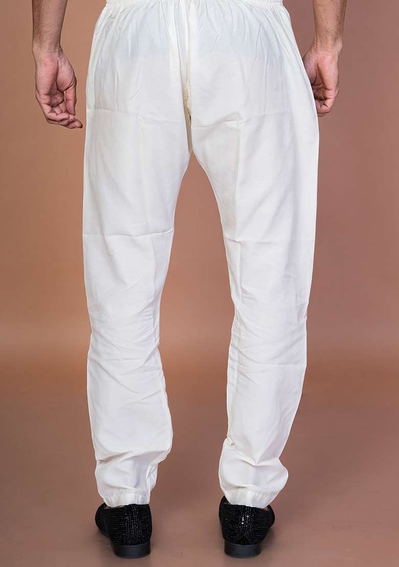 Cream Solid Cotton Pyjama For Men - Indya