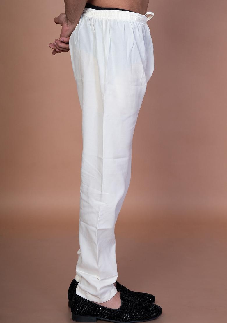 Cream Solid Cotton Pyjama For Men - Indya