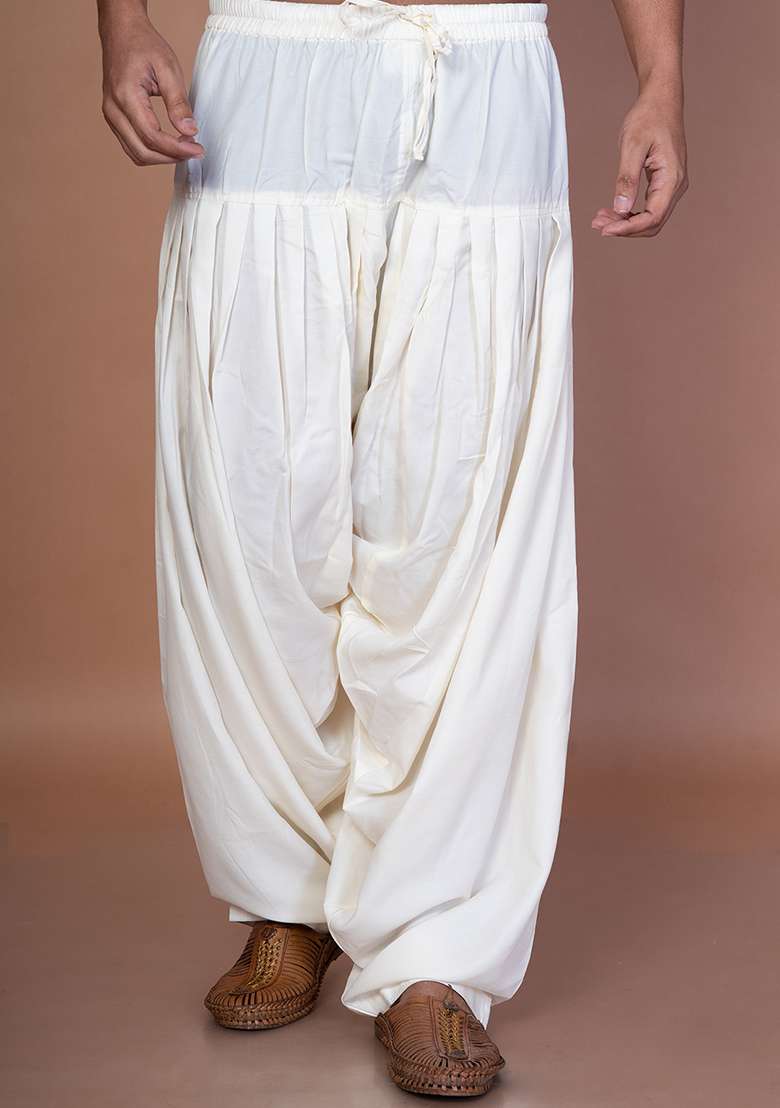 Cream Solid Cotton Patiala For Men - Indya