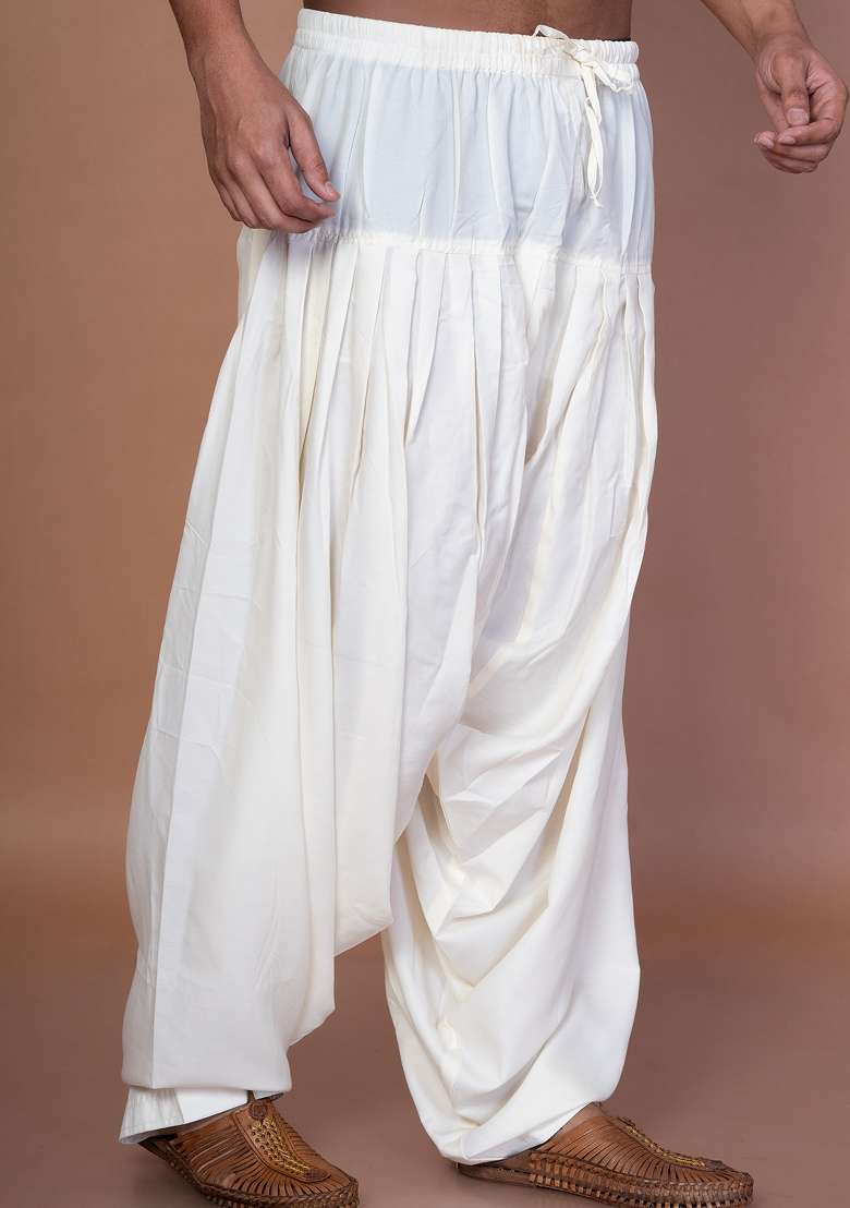 Cream Solid Cotton Patiala For Men - Indya