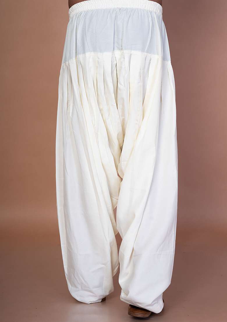 Cream Solid Cotton Patiala For Men - Indya