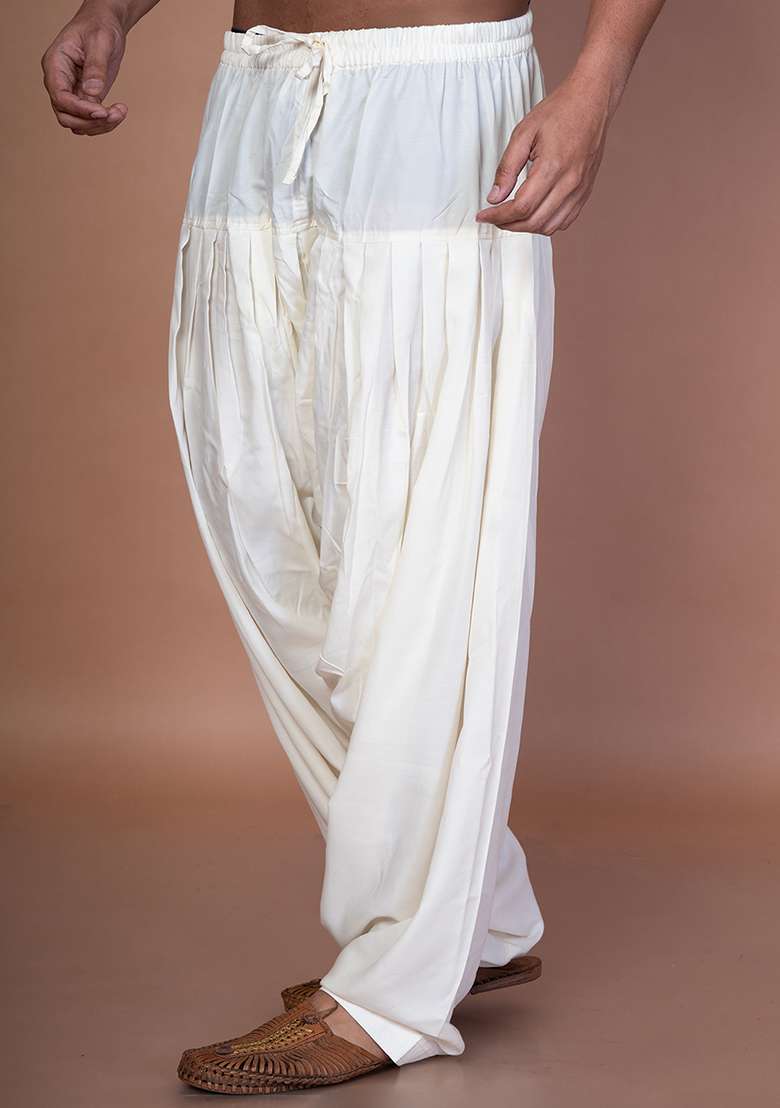 Cream Solid Cotton Patiala For Men - Indya