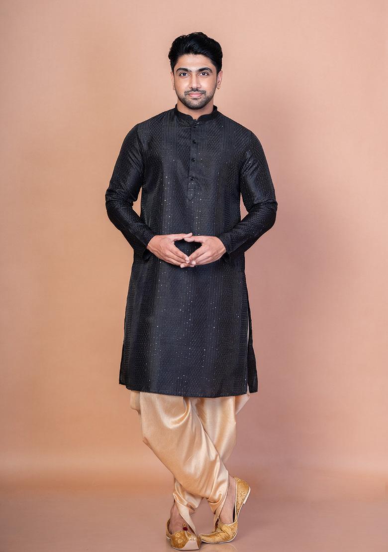 Black Embroidery Bangalorian Silk Kurta For Men - Indya