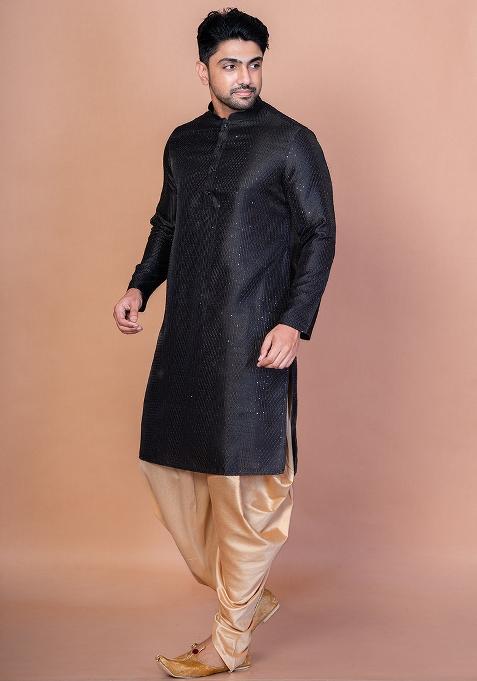 Black Embroidery Bangalorian Silk Kurta For Men