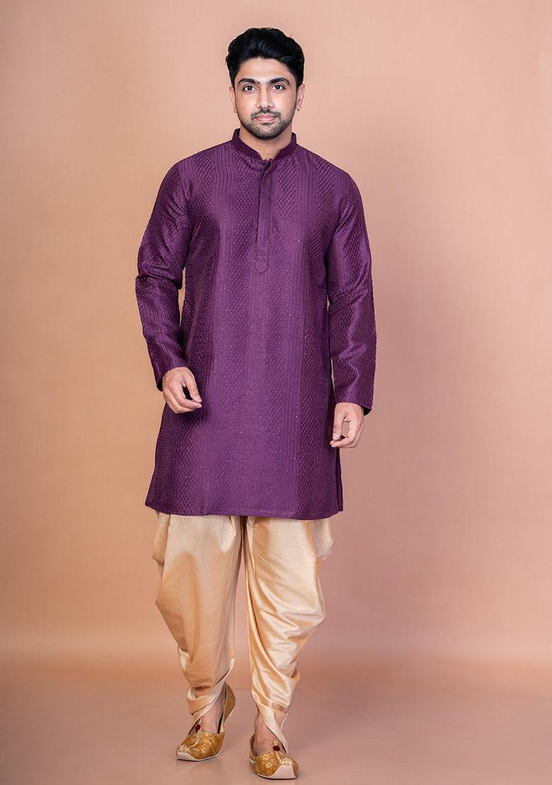 Purple Embroidery Bangalorian Silk Kurta For Men