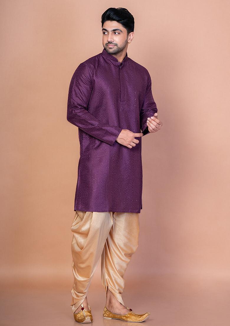 Purple Embroidery Bangalorian Silk Kurta For Men