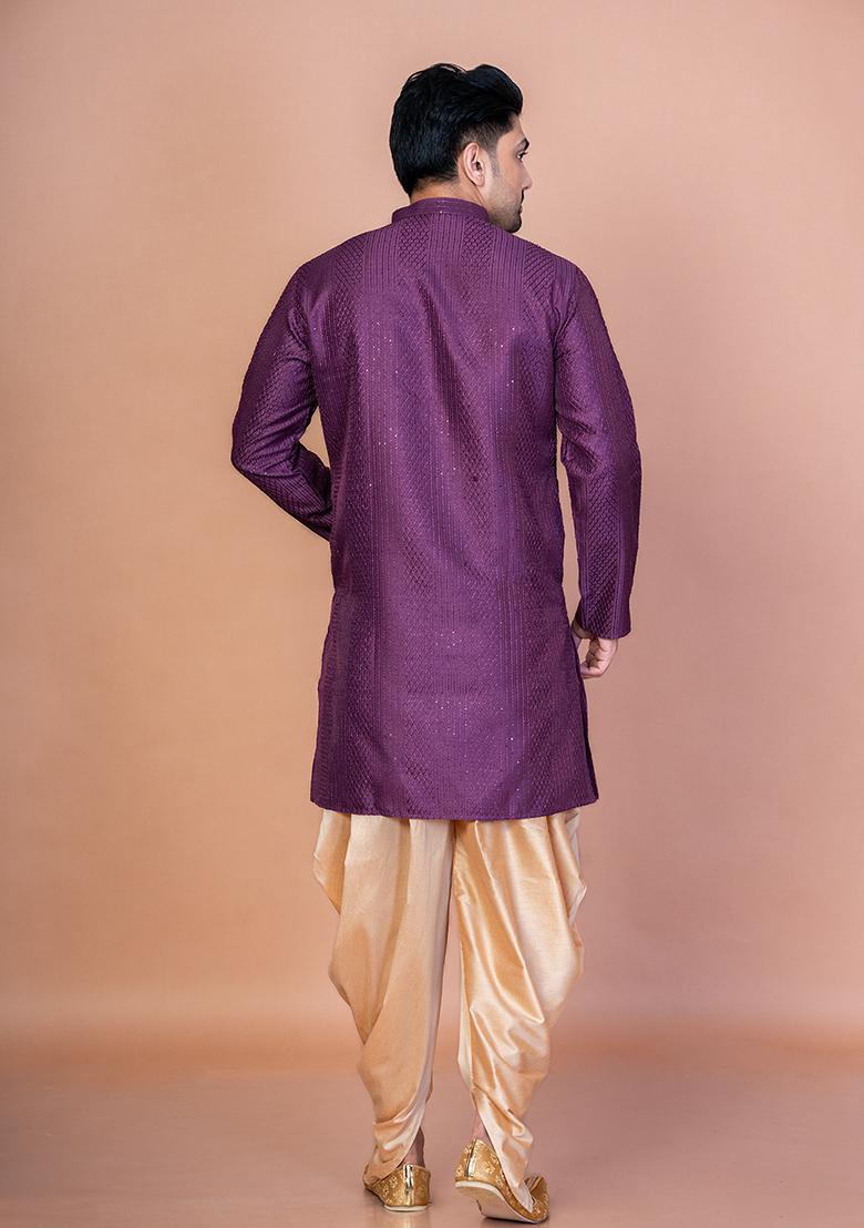 Purple Embroidery Bangalorian Silk Kurta For Men