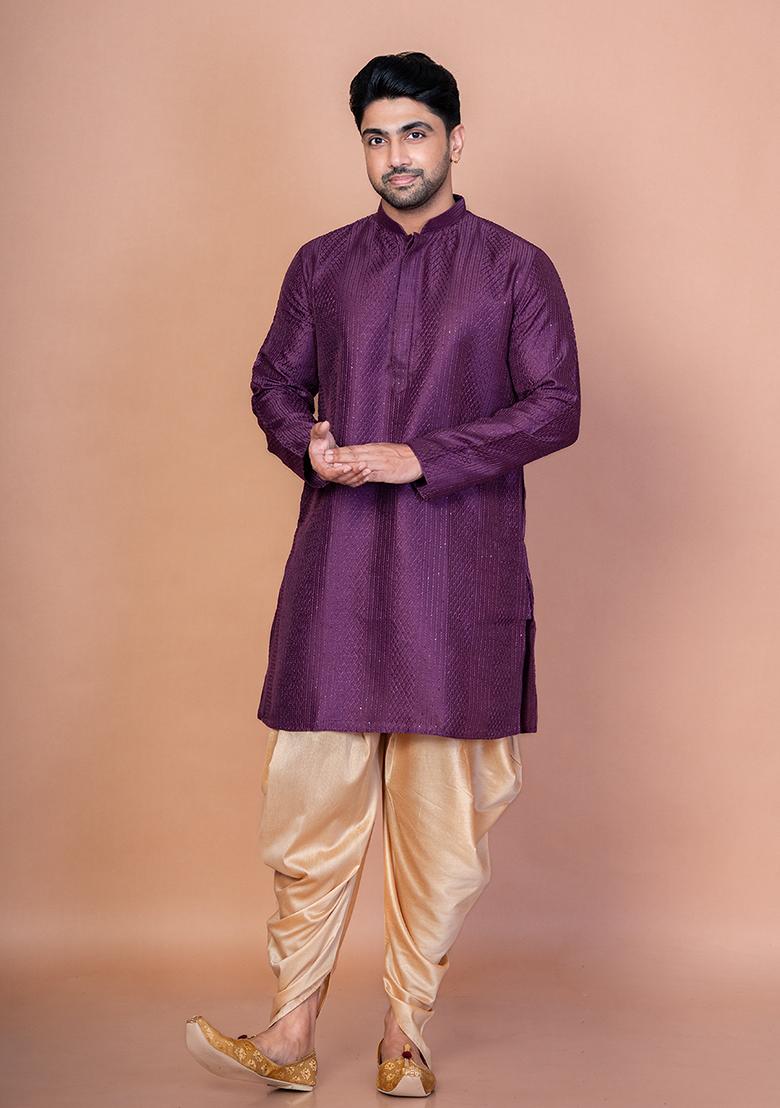 Purple Embroidery Bangalorian Silk Kurta For Men