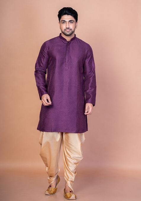Purple Embroidery Bangalorian Silk Kurta For Men