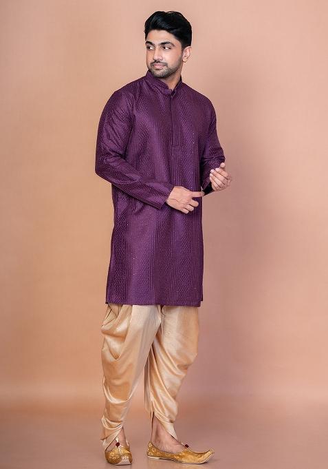 Purple Embroidery Bangalorian Silk Kurta For Men