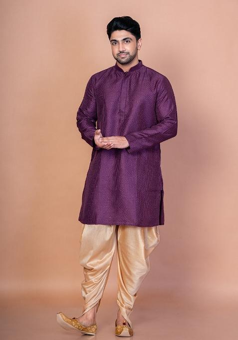 Purple Embroidery Bangalorian Silk Kurta For Men