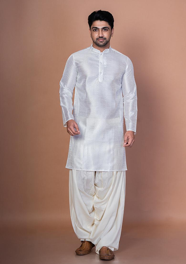 White Embroidery Bangalorian Silk Kurta For Men