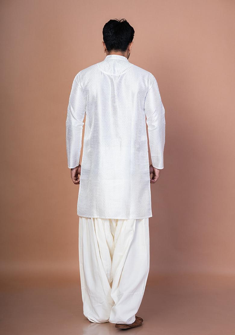 White Embroidery Bangalorian Silk Kurta For Men