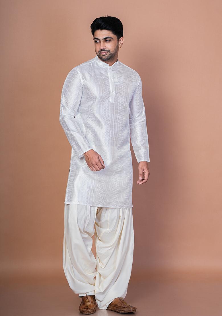 White Embroidery Bangalorian Silk Kurta For Men