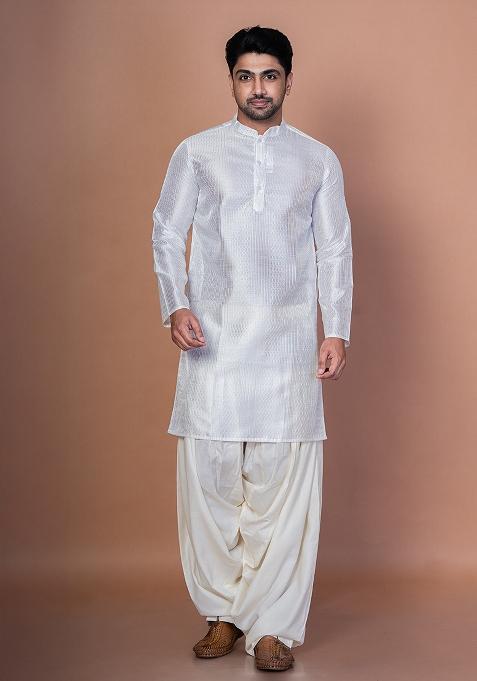 White Embroidery Bangalorian Silk Kurta For Men