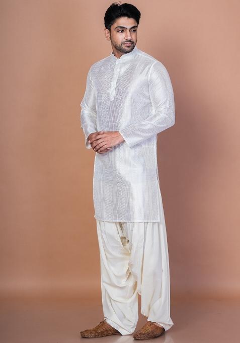 White Embroidery Bangalorian Silk Kurta For Men
