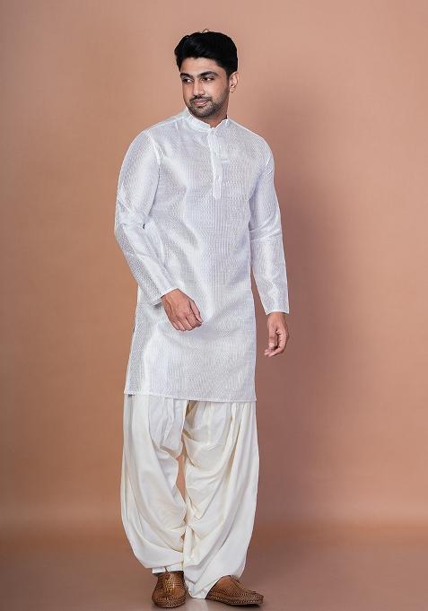 White Embroidery Bangalorian Silk Kurta For Men