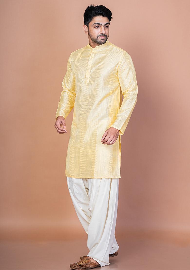 Lemon Embroidery Bangalorian Silk Kurta For Men