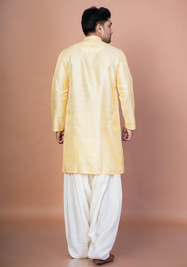 Lemon Embroidery Bangalorian Silk Kurta For Men - Indya