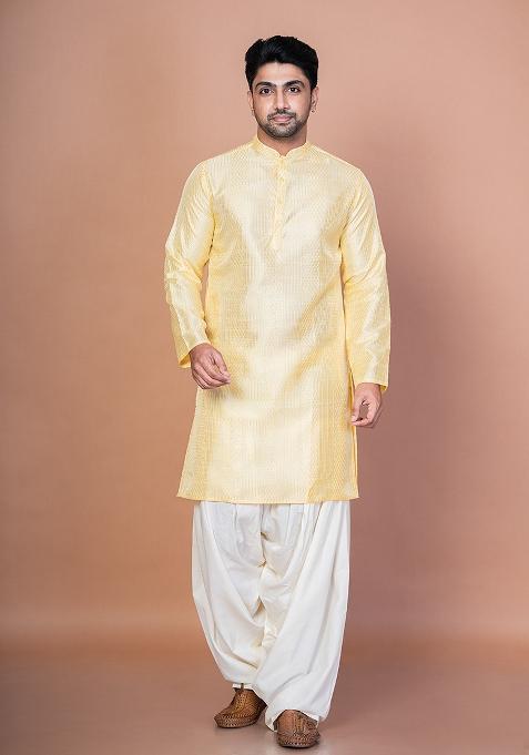 Lemon Embroidery Bangalorian Silk Kurta For Men