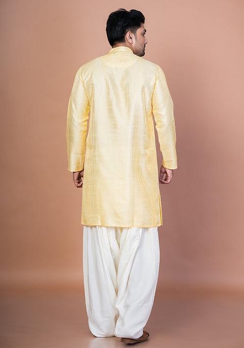Lemon Embroidery Bangalorian Silk Kurta For Men