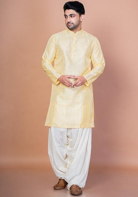 Lemon Embroidery Bangalorian Silk Kurta For Men